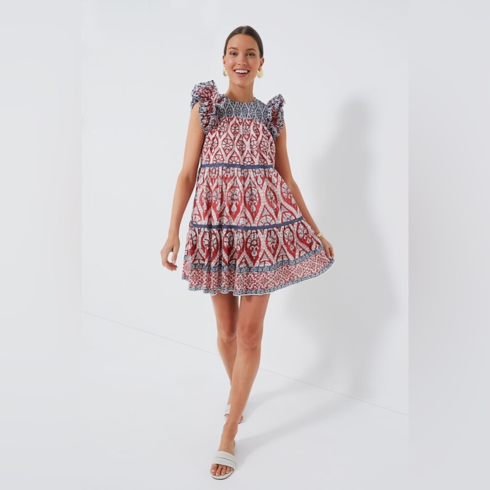 Ash & Eden Red Olga Mini Lace Dress sz M Cotton Tiered Made in India NWT
